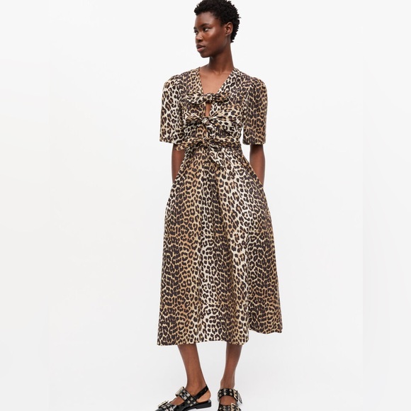 Ganni. NWT. Leopard Tie Front Dress. Spring Summer 2025. Size 42/ LG - Picture 2 of 9